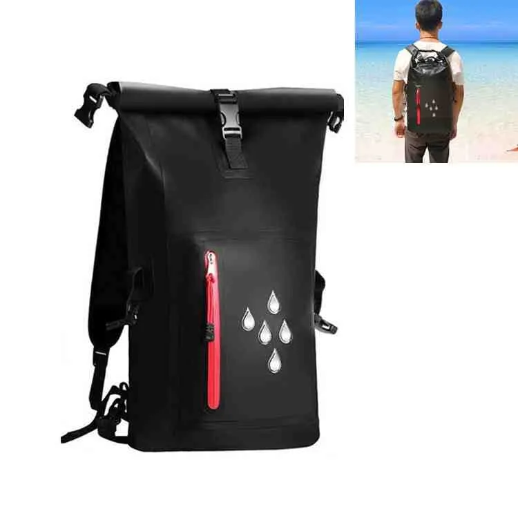 25L Waterproof Backpack Waterproof Bucket Bag With Reflective Strip(Black)