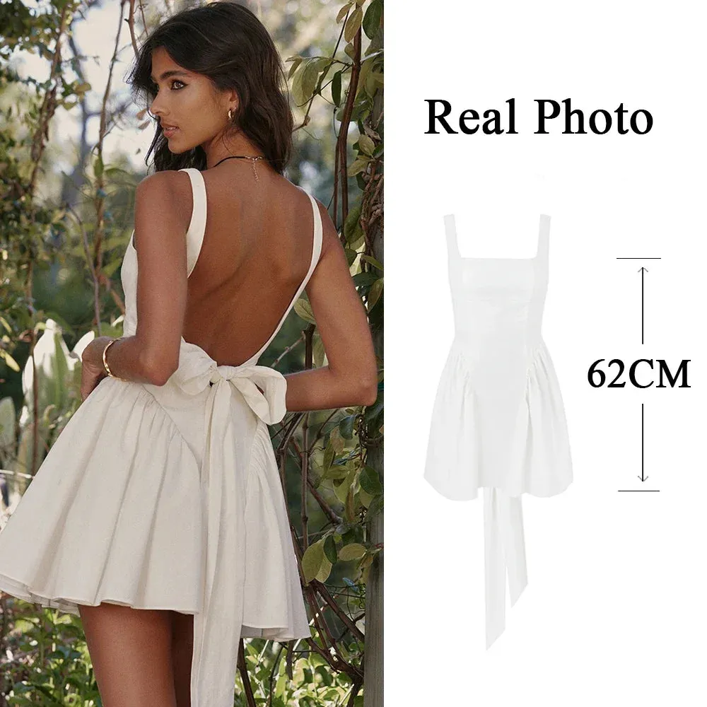 Amozae-hoco dresses Suninheart Summer Sexy Square Collar Backless Party Dresses Mini White Drape A Line Night Date Dress Big Bow Women New In Dress