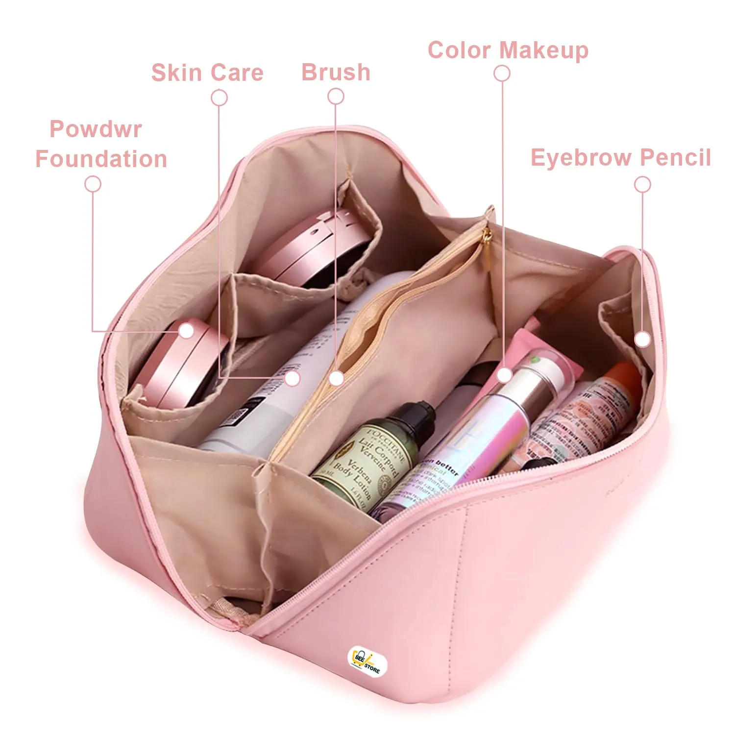 BEEISTORE Large Capacity Cosmetic Travel Bag 12cms, Makeup Organizer Bag for Home, Girls Makeup Travel Bag Portable Leather Cosmetics Bags, Makeup Kit Storage with Handle, Wide Opening (Pink)