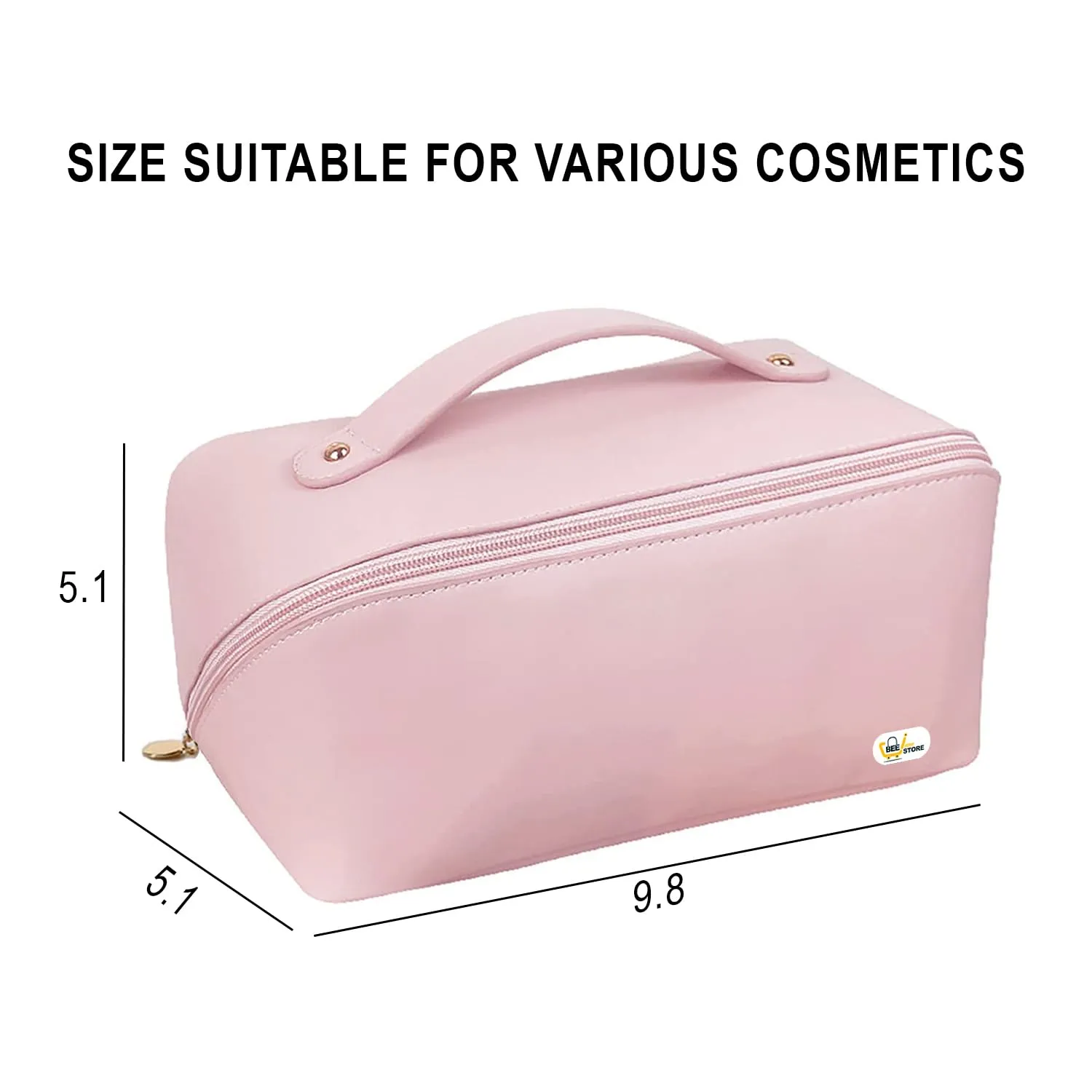 BEEISTORE Large Capacity Cosmetic Travel Bag 12cms, Makeup Organizer Bag for Home, Girls Makeup Travel Bag Portable Leather Cosmetics Bags, Makeup Kit Storage with Handle, Wide Opening (Pink)