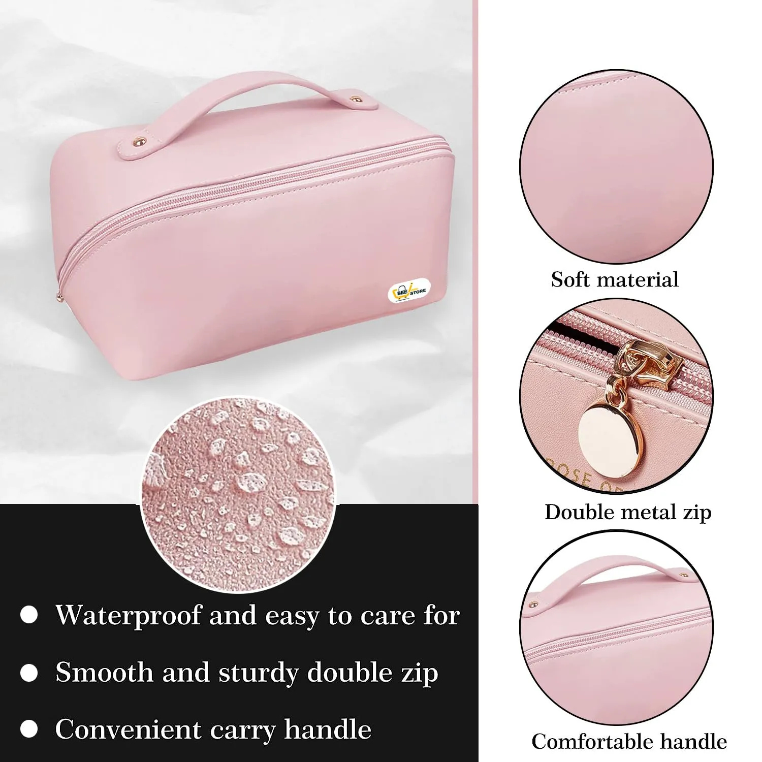 BEEISTORE Large Capacity Cosmetic Travel Bag 12cms, Makeup Organizer Bag for Home, Girls Makeup Travel Bag Portable Leather Cosmetics Bags, Makeup Kit Storage with Handle, Wide Opening (Pink)