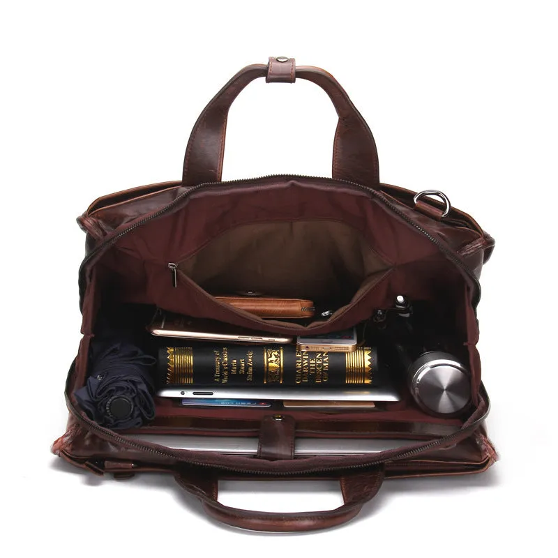 Brown Leather Cowhide Business Briefcase Men's Shoulder Messenger Bag for Laptop