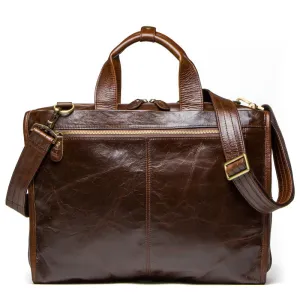 Brown Leather Cowhide Business Briefcase Men's Shoulder Messenger Bag for Laptop