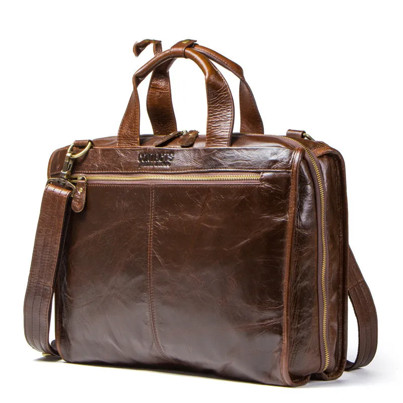 Brown Leather Cowhide Business Briefcase Men's Shoulder Messenger Bag for Laptop