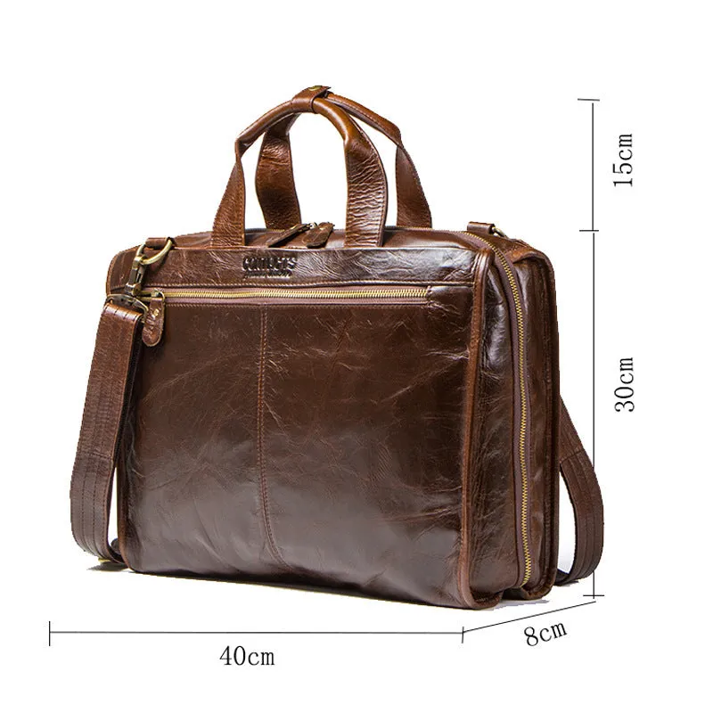 Brown Leather Cowhide Business Briefcase Men's Shoulder Messenger Bag for Laptop