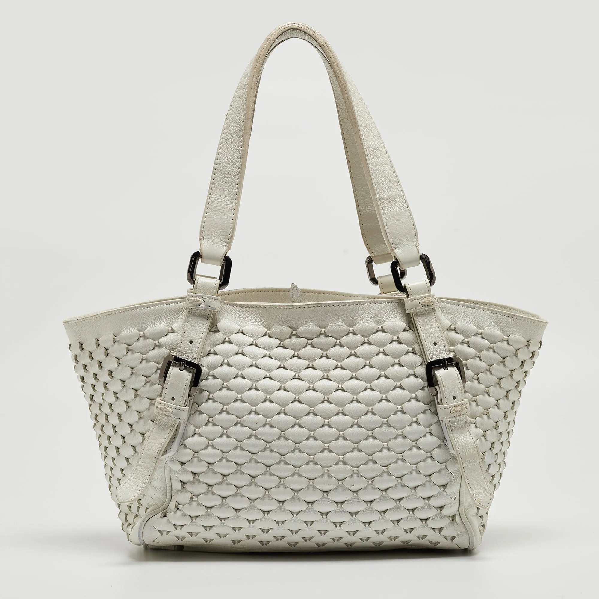 BURBERRY White Woven Leather Tote