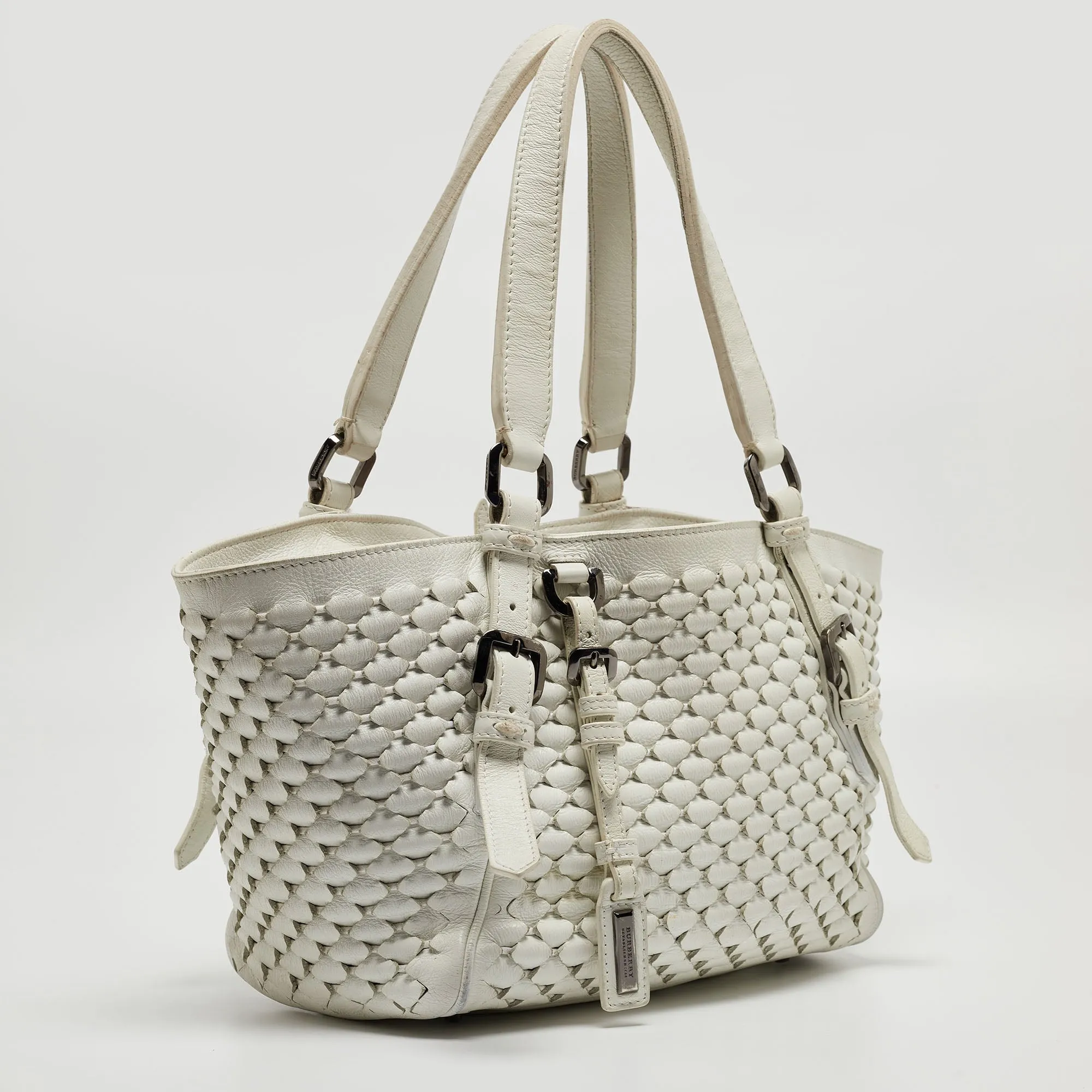 BURBERRY White Woven Leather Tote