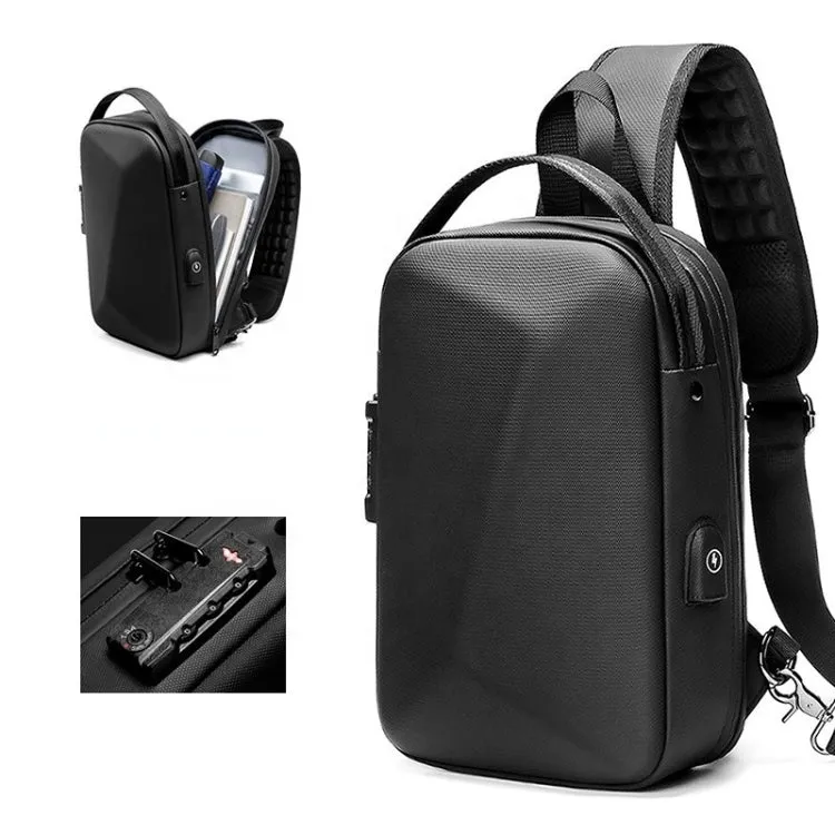 Casual Hard Shell Waterproof Chest Bag With USB Port Lightweight Outdoor Shoulder Messenger Bag(Black)