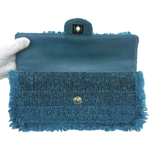 CHANEL Around 2002 Made Tweed Chocolate Bar Turn-Lock Chain Bag Turquoise Blue