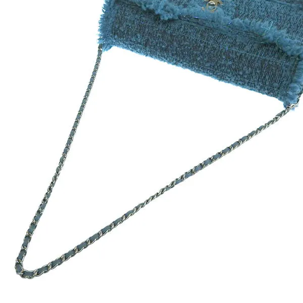 CHANEL Around 2002 Made Tweed Chocolate Bar Turn-Lock Chain Bag Turquoise Blue