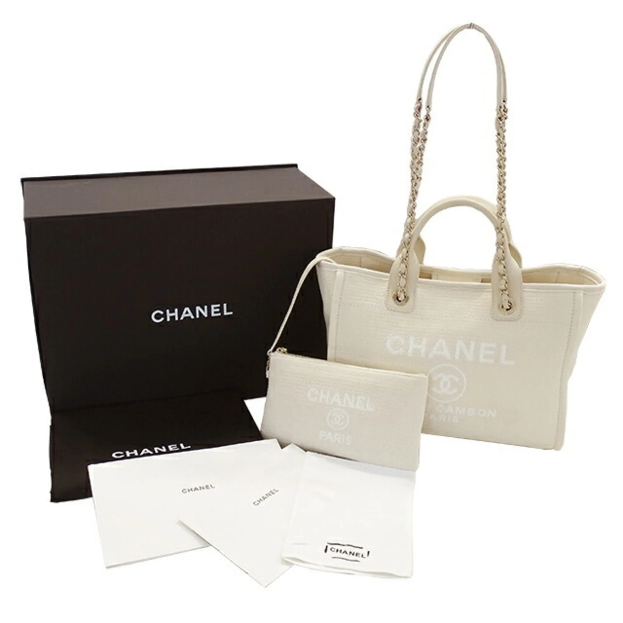 CHANEL Bag Deauville Women's Handbag Shoulder 2way Canvas MM Ivory