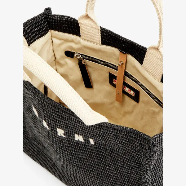 Cotton blend tote bag with embroidered Marni logo, black