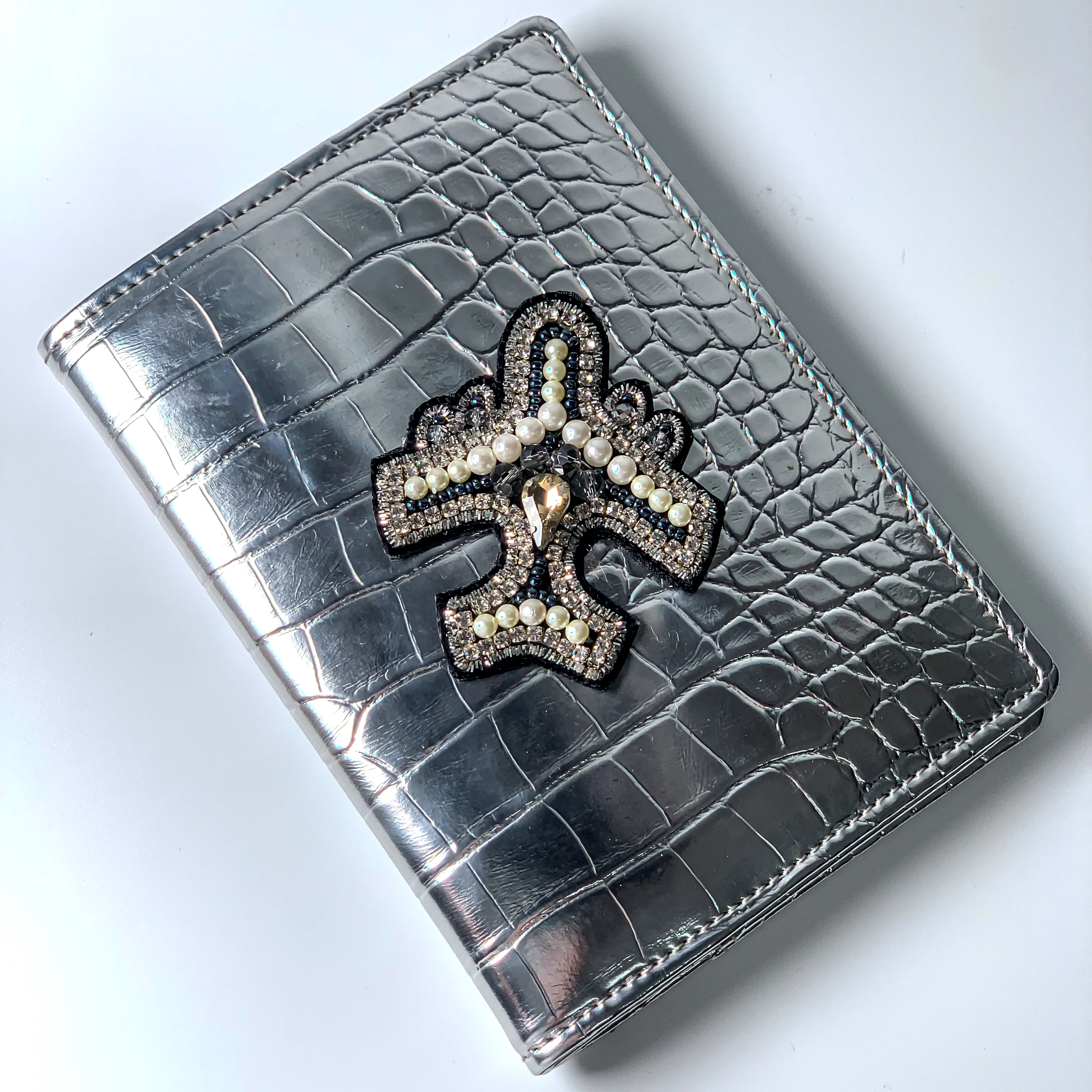 Designer Passport Cover - Silver Croco with Stud Plane