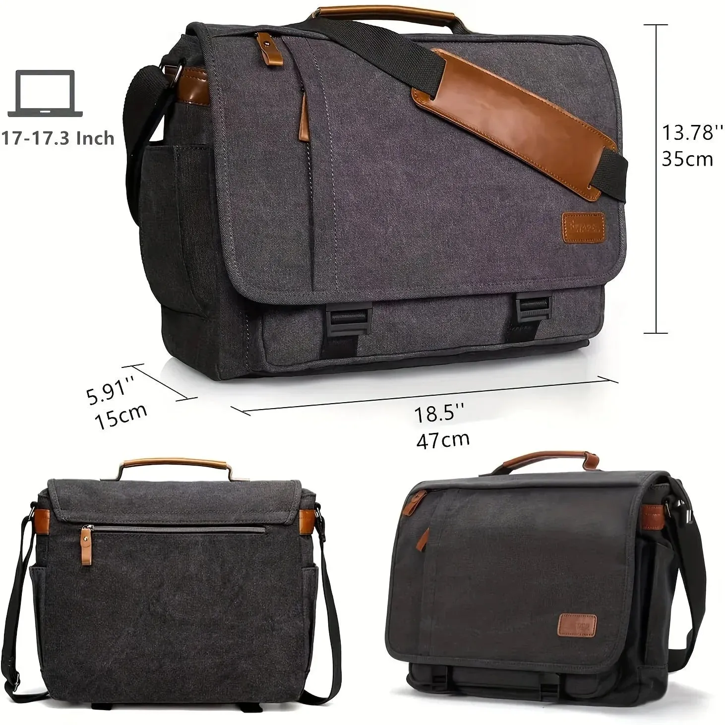 Elegance® WorkSmart Messenger Leather Men's Crossbody Briefcase Canvas Splashproof Workwear Messenger Bag Computer Tote