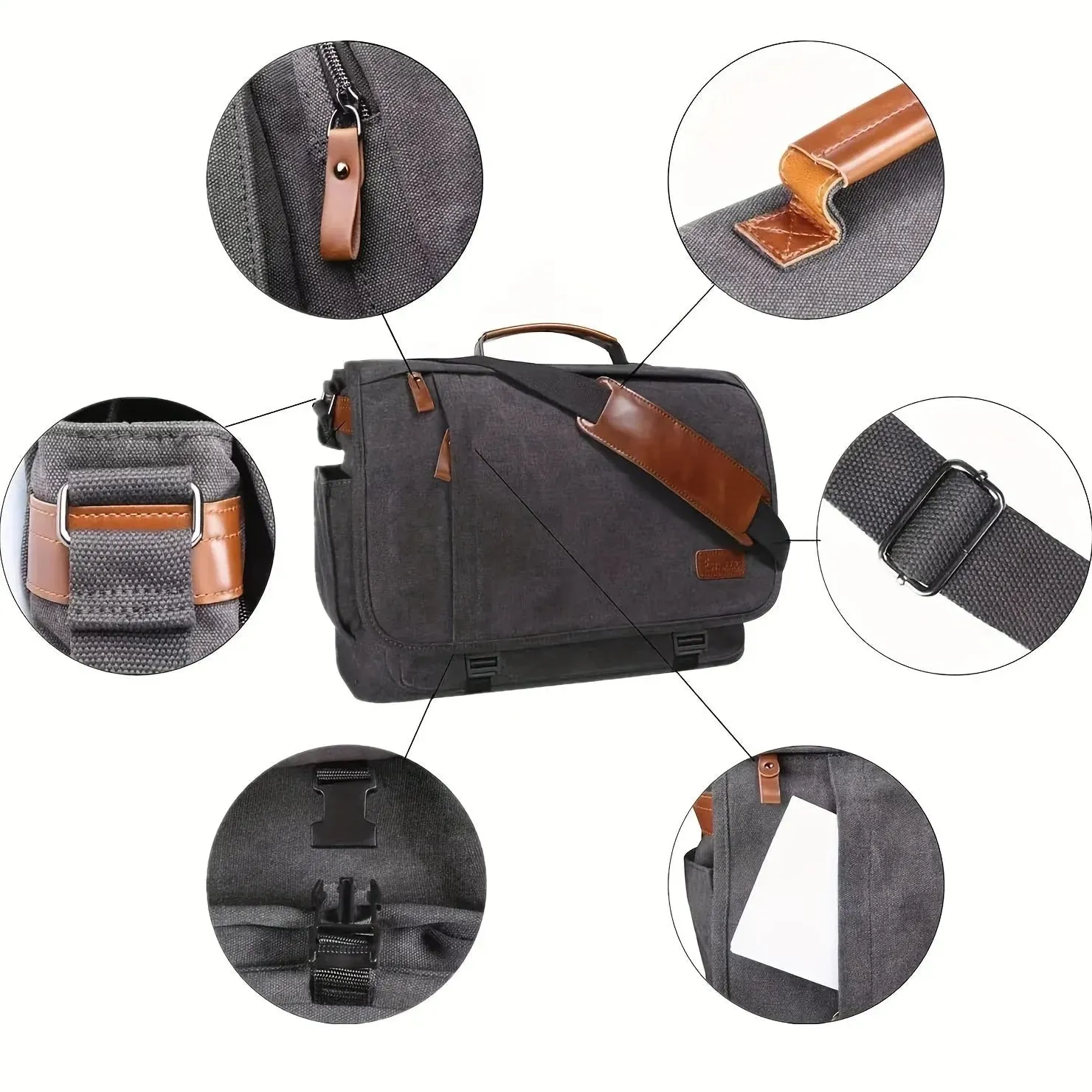 Elegance® WorkSmart Messenger Leather Men's Crossbody Briefcase Canvas Splashproof Workwear Messenger Bag Computer Tote