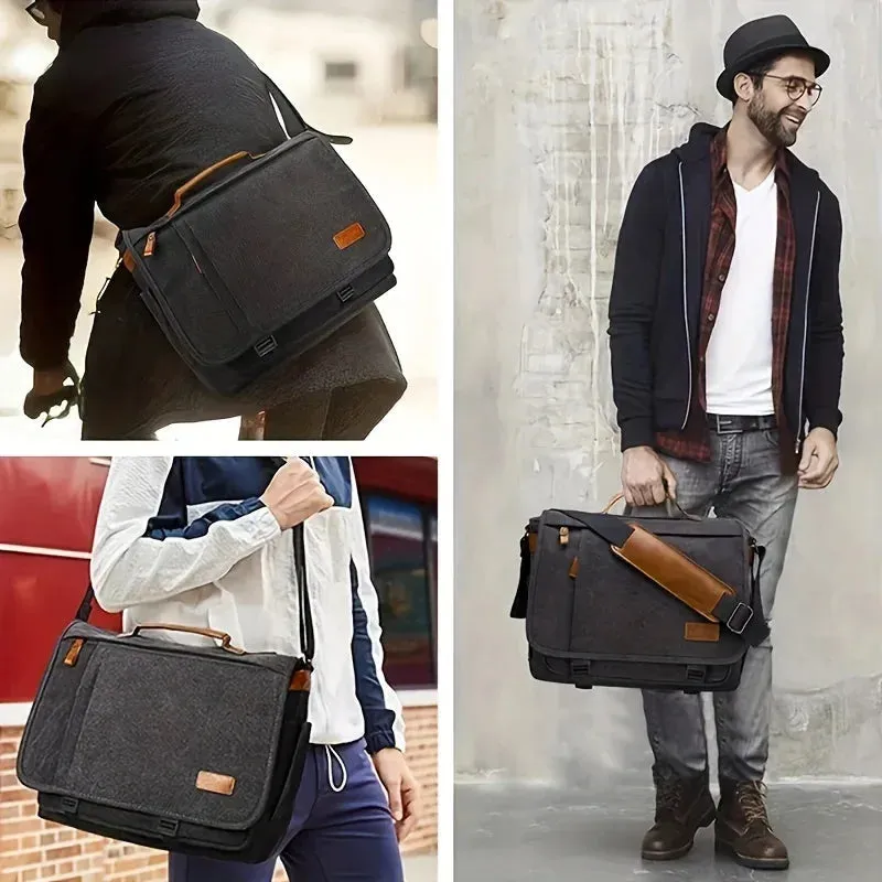 Elegance® WorkSmart Messenger Leather Men's Crossbody Briefcase Canvas Splashproof Workwear Messenger Bag Computer Tote