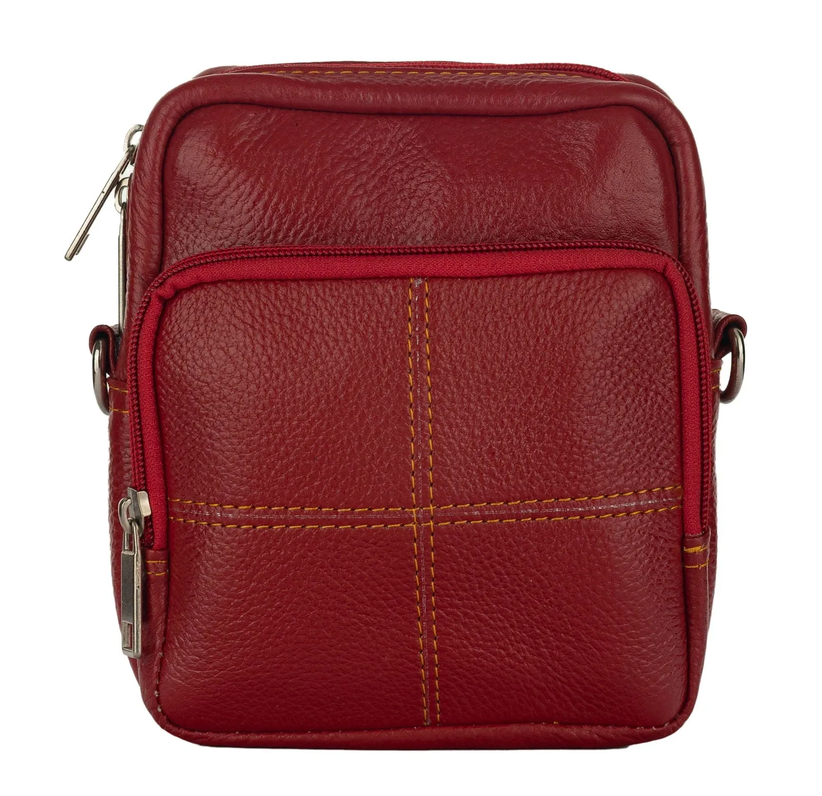 Genuine Leather Red Sling Bag with 4 Compartments - Versatile Cross Body and Waist Messenger Bag