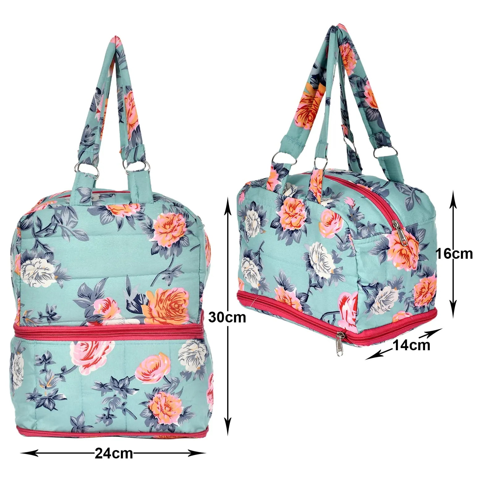 Heart Home Flower Printed Multiuses Hand Bag: Tote Bag: Travel Toiletry Bag For Women/Girls (Green)-45HH013