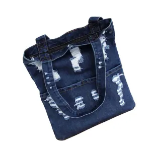 Large Capacity Soft Ripped Denim Tote Bag