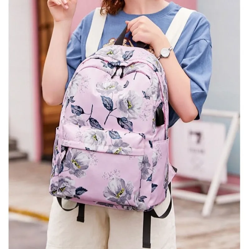 Nylon Floral Print Shoulder School Backpacks