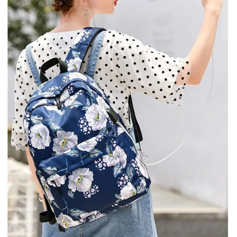 Nylon Floral Print Shoulder School Backpacks