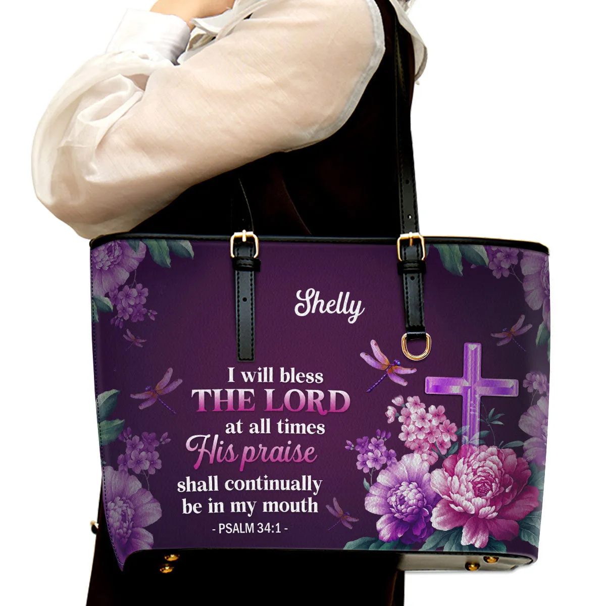 Personalized Large Leather Tote Bag I Will Bless The Lord At All Times Psalm 341 - Spiritual Gifts For Christian Women