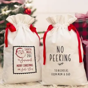 Personalized Red Ribbon Santa Gift Bags – Santa’s Workshop Collection