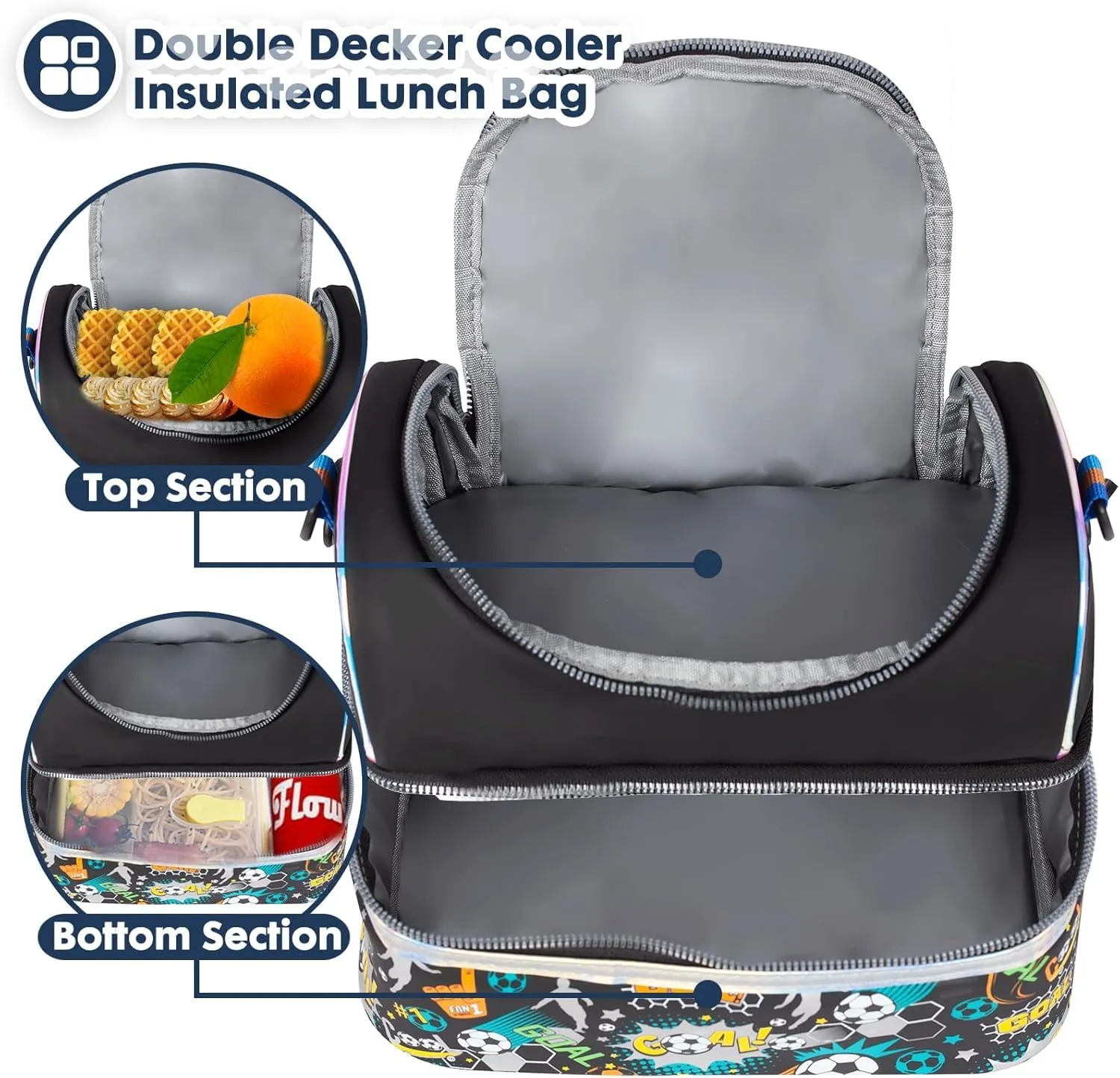 PRODUCTS DOUBLE DECKER COOLER INSULATED LUNCH BAG FOR BOYS&GIRLS&MEN&WOMEN WITH ADJUSTABLE STRAP LUNCH BAG FOR SCHOOL