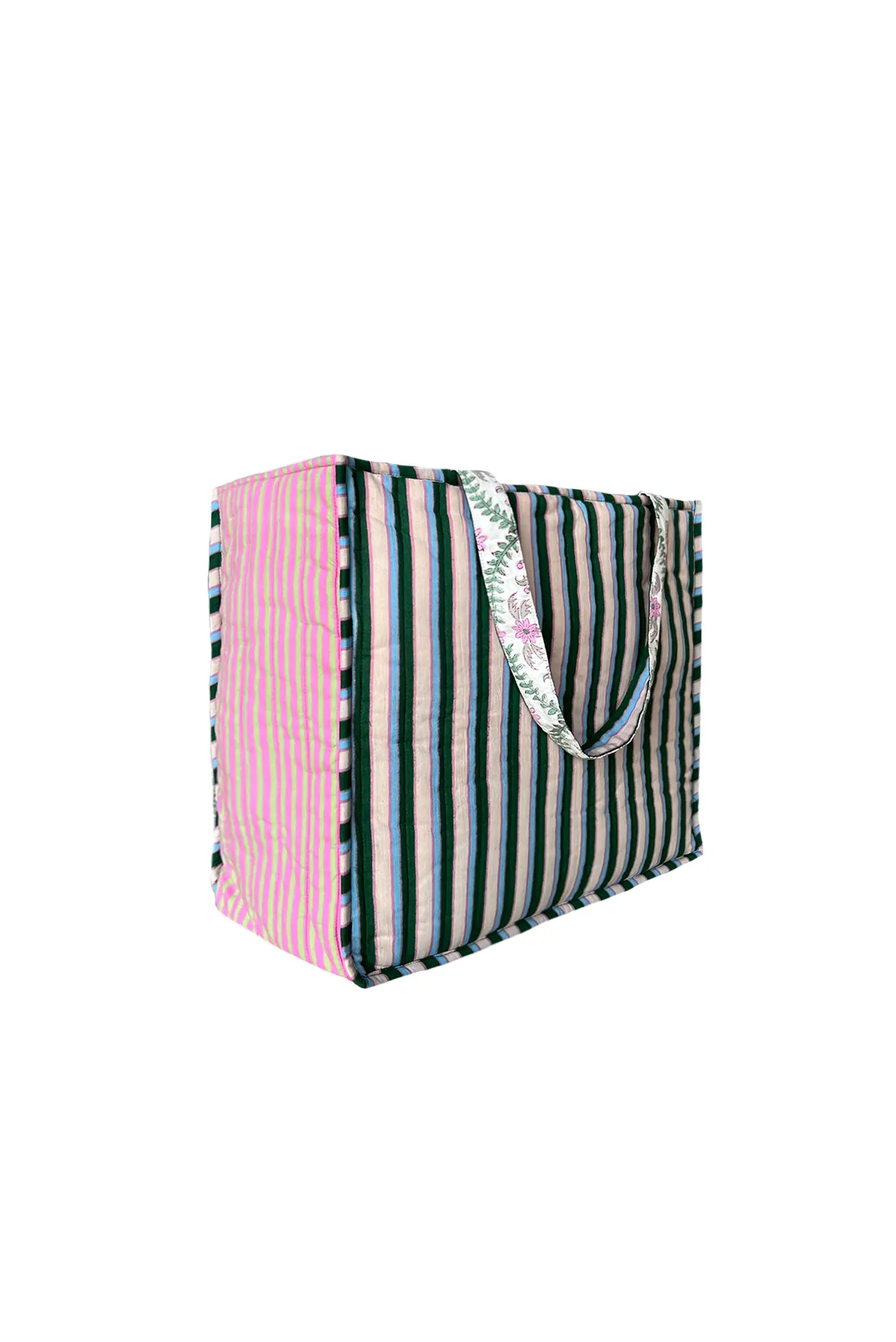 Striped Quilted Tote Bag (Green & Pink)