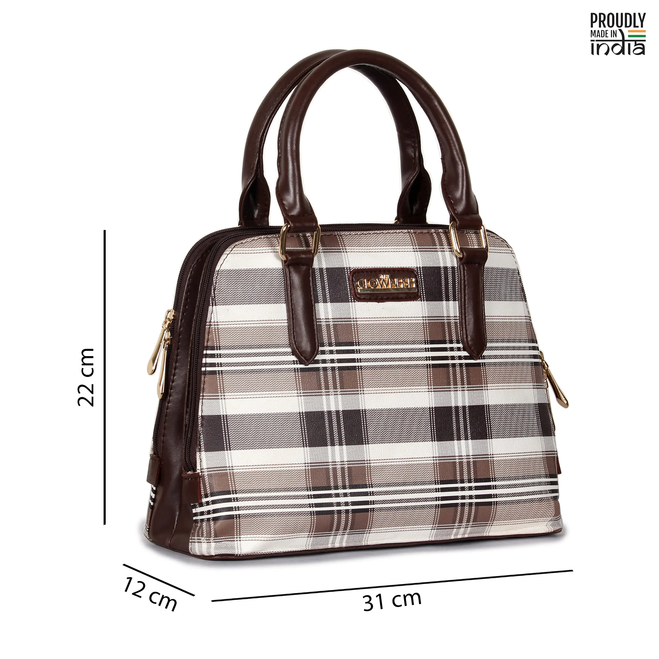 The Clownfish Andrea Handbag for Women Office Bag Ladies Shoulder Bag Tote for Women College Girls-Checks Design (Dark Brown)