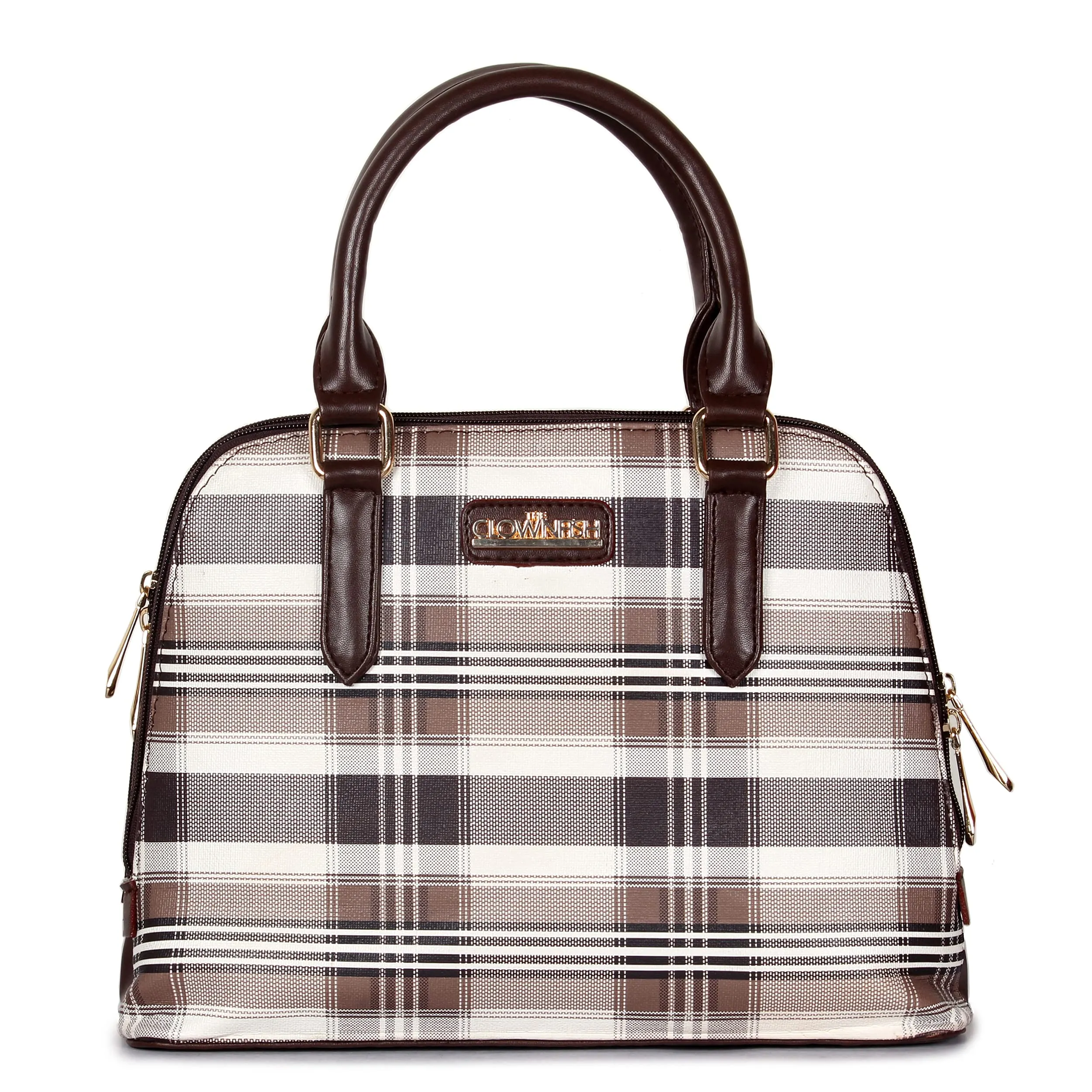 The Clownfish Andrea Handbag for Women Office Bag Ladies Shoulder Bag Tote for Women College Girls-Checks Design (Dark Brown)