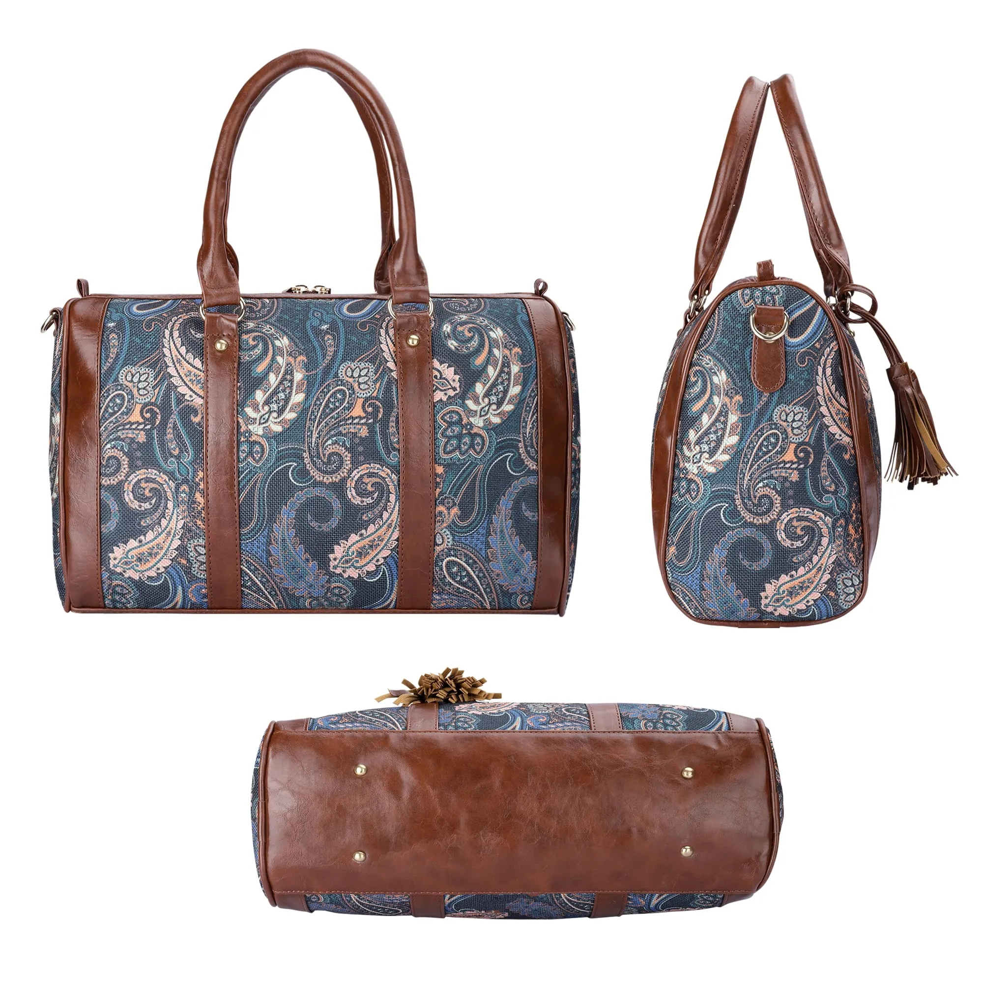 THE CLOWNFISH Combo Of Lorna Printed Handicraft Fabric & Faux Leather Handbag Sling Bag for Women & Aahna Printed Handicraft Fabric Crossbody Sling bag for Women (Peacock Blue-Floral)