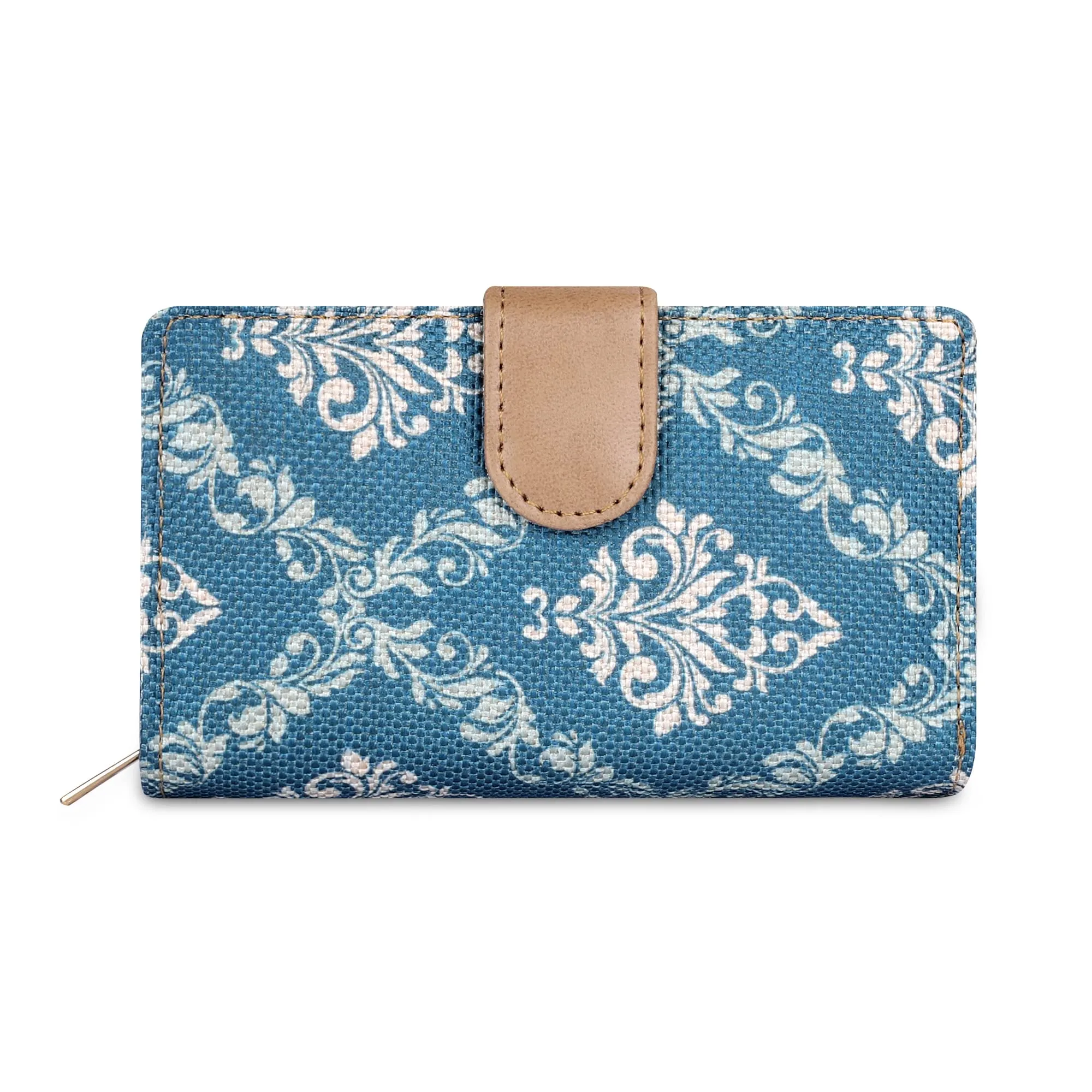 THE CLOWNFISH Fab Series Printed Handicraft Fabric & Vegan Leather Ladies Wallet Clutch Purse for Women Girls with Multiple Compartments (Multicolour-Design)