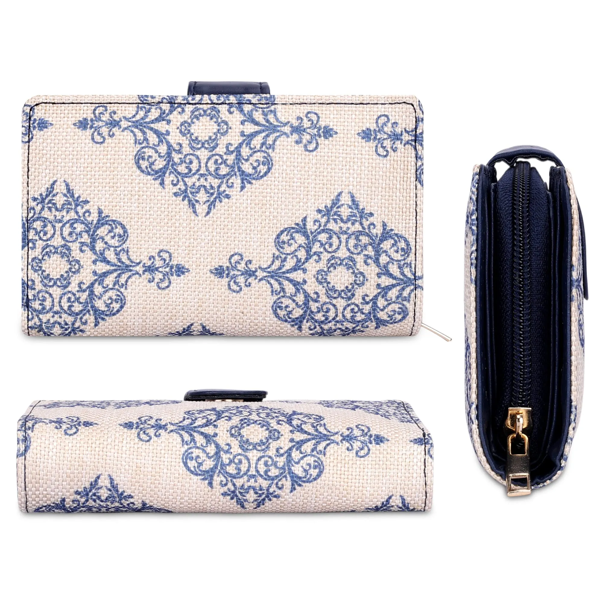 THE CLOWNFISH Fab Series Printed Handicraft Fabric & Vegan Leather Ladies Wallet Clutch Purse for Women Girls with Multiple Compartments (Off White)