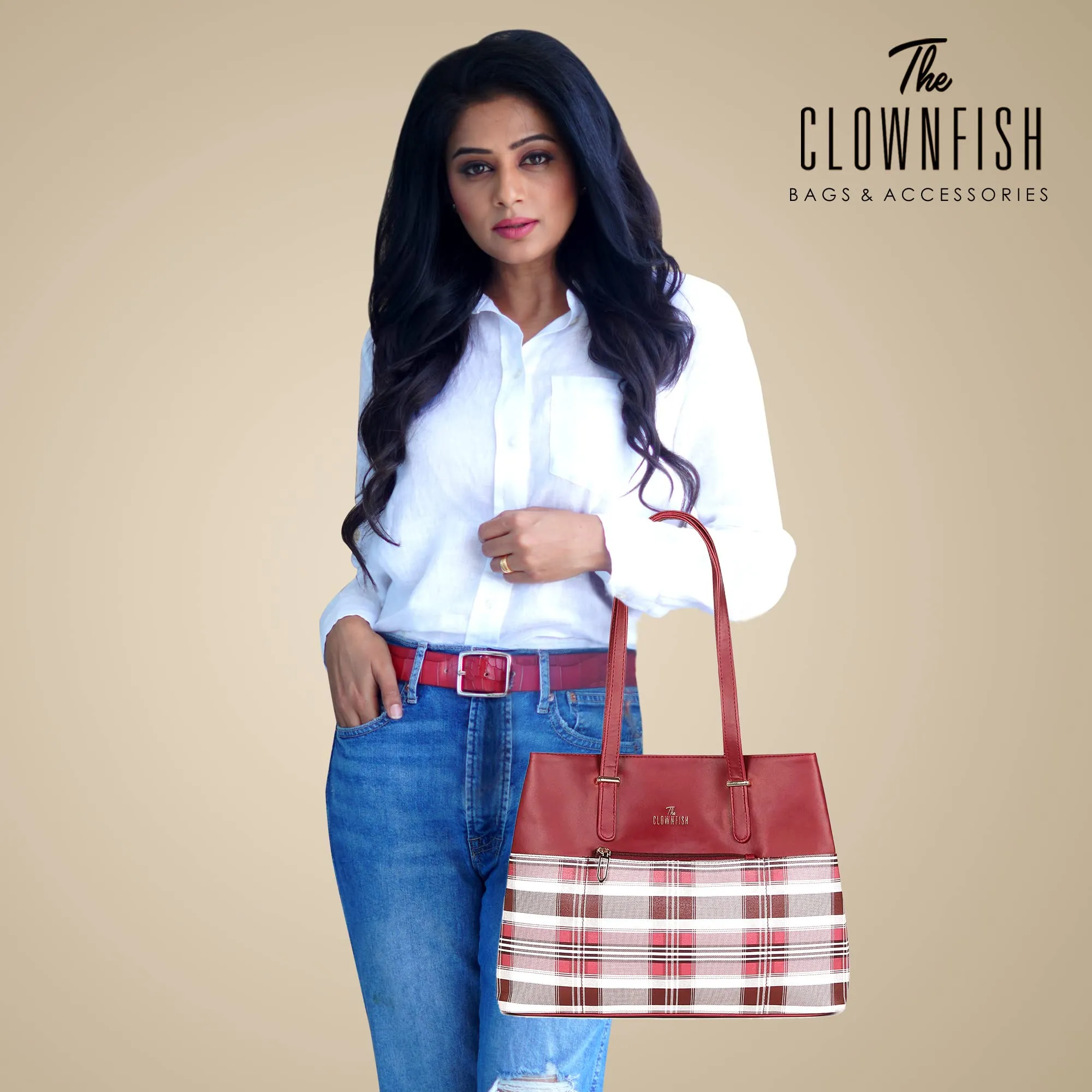 THE CLOWNFISH Gloria Handbag for Women Office Bag Ladies Shoulder Bag Tote For Women College Girls (Checks Design- Maroon)