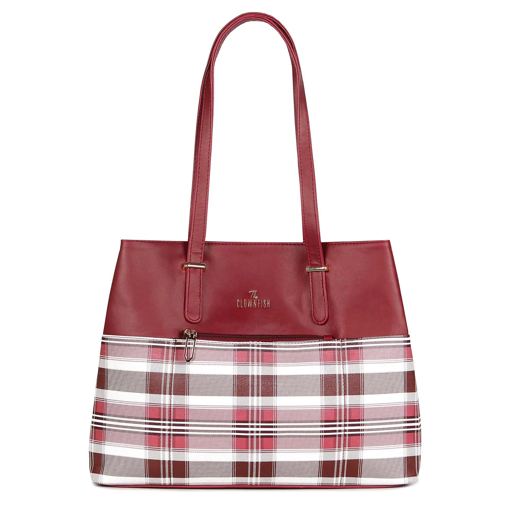 THE CLOWNFISH Gloria Handbag for Women Office Bag Ladies Shoulder Bag Tote For Women College Girls (Checks Design- Maroon)