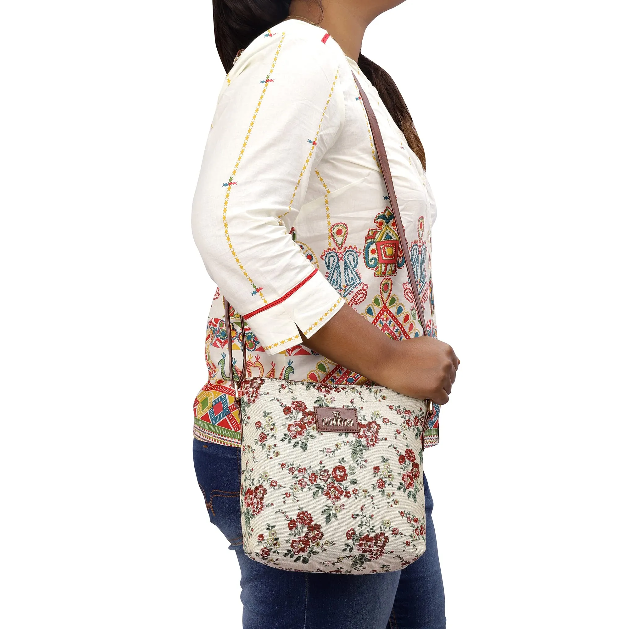 THE CLOWNFISH Linda Series Sling for Women Casual Ladies Single Shoulder Bag For Women Crossbody Bag for College Girls (White-Floral)