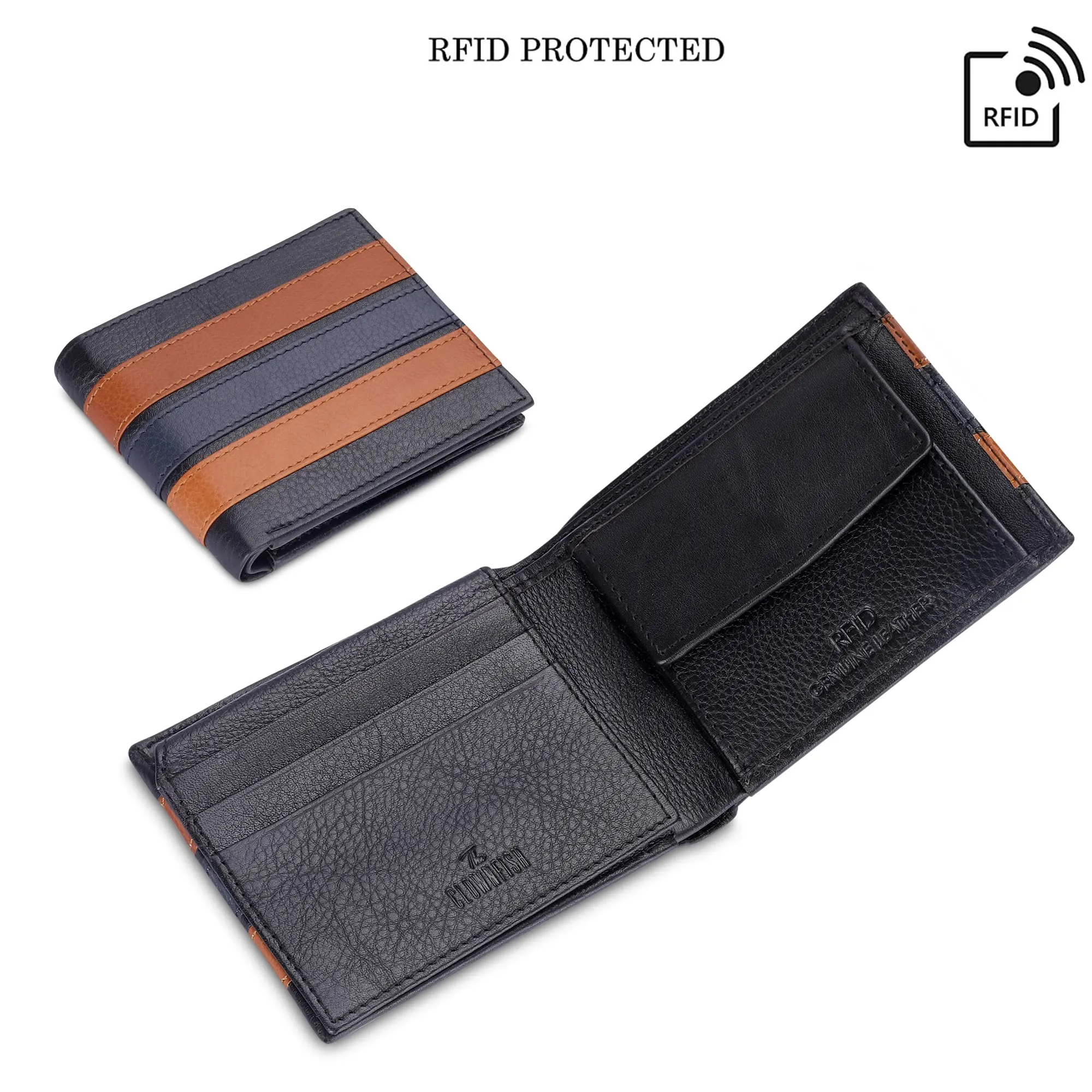 THE CLOWNFISH RFID Protected Genuine Leather Bi-Fold Wallet for Men with Multiple Card Slots & Coin Pocket (Black with Brown Stripes)