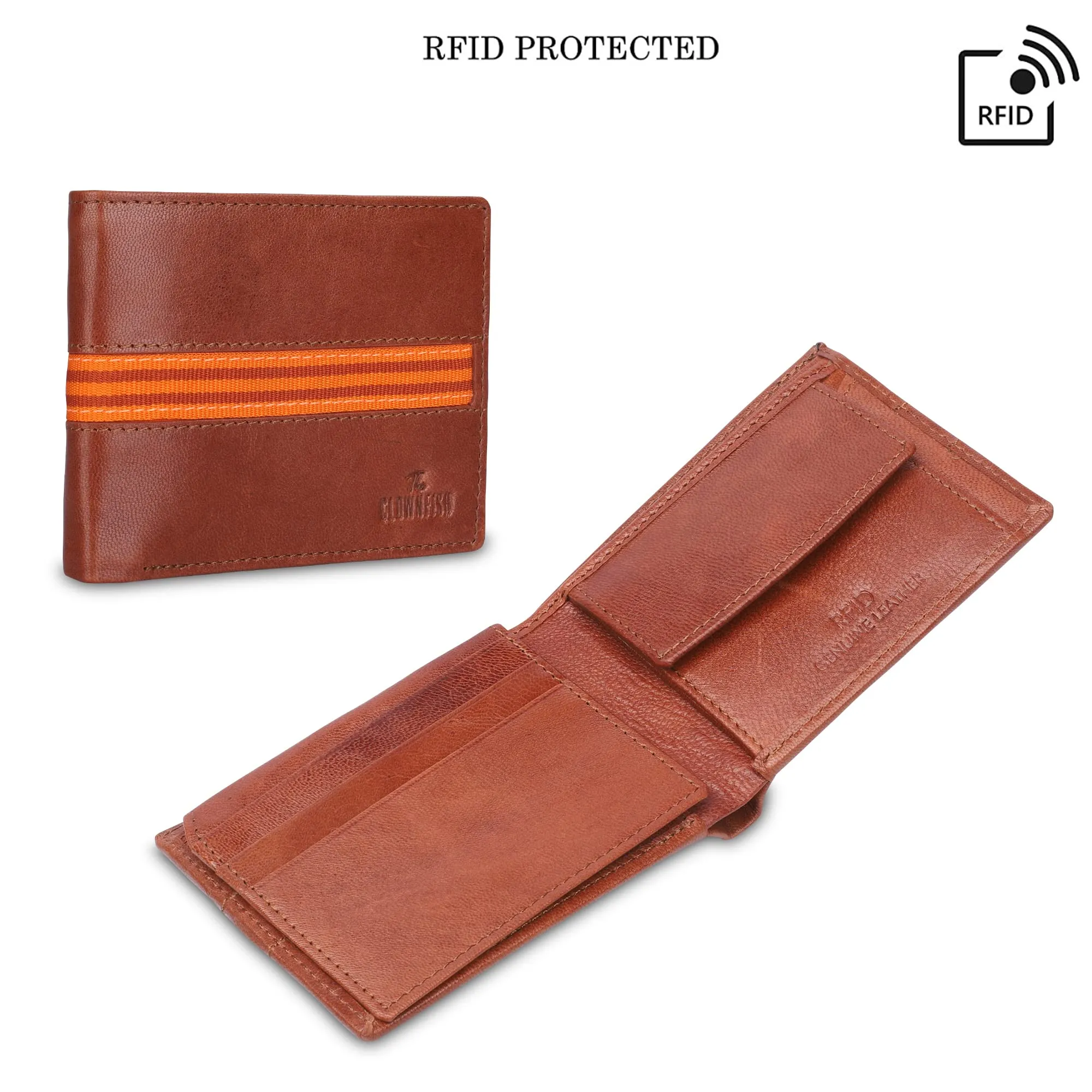 THE CLOWNFISH RFID Protected Genuine Leather Bi-Fold Wallet for Men with Multiple Card Slots, Coin Pocket & Transparent ID window (Tan)