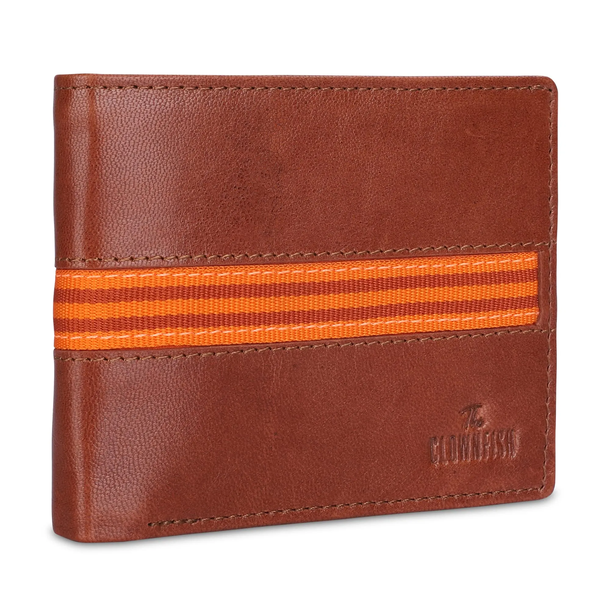 THE CLOWNFISH RFID Protected Genuine Leather Bi-Fold Wallet for Men with Multiple Card Slots, Coin Pocket & Transparent ID window (Tan)