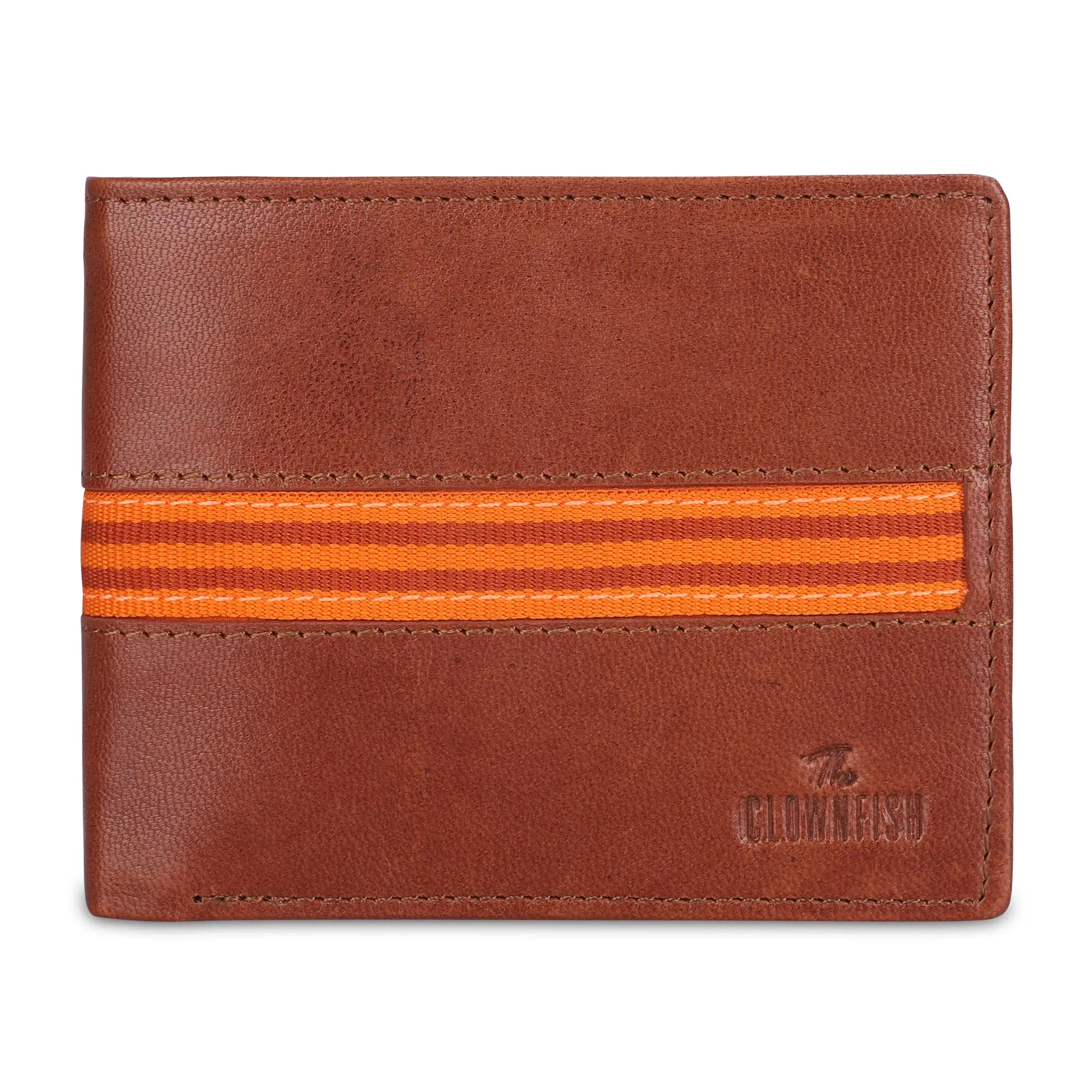 THE CLOWNFISH RFID Protected Genuine Leather Bi-Fold Wallet for Men with Multiple Card Slots, Coin Pocket & Transparent ID window (Tan)