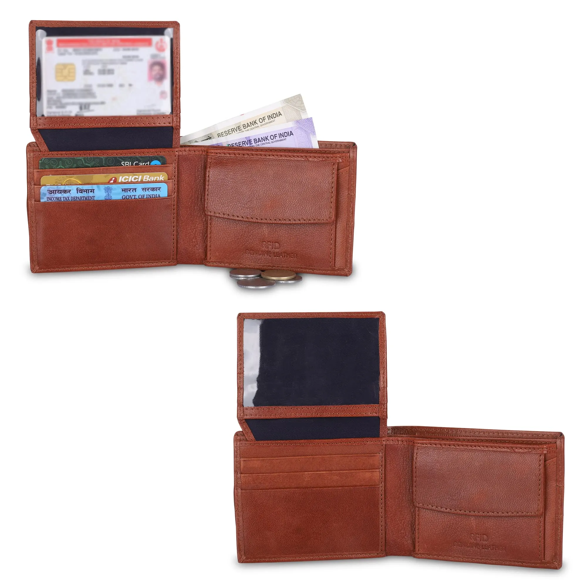 THE CLOWNFISH RFID Protected Genuine Leather Bi-Fold Wallet for Men with Multiple Card Slots, Coin Pocket & Transparent ID window (Tan)