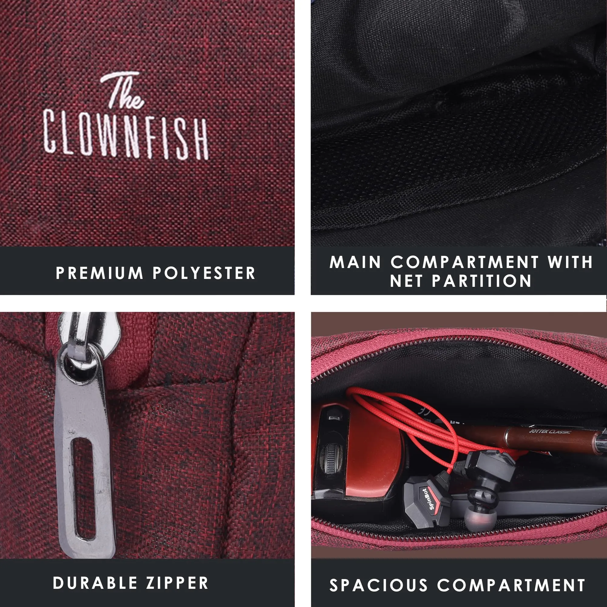 The Clownfish Scholar series Multipurpose Polyester Travel Pouch Pencil Case Toiletry Bag Shaving Kit Bag for Men Make-Up Pouch Cosmetic Case for Women Travel Kit for Men (Maroon)