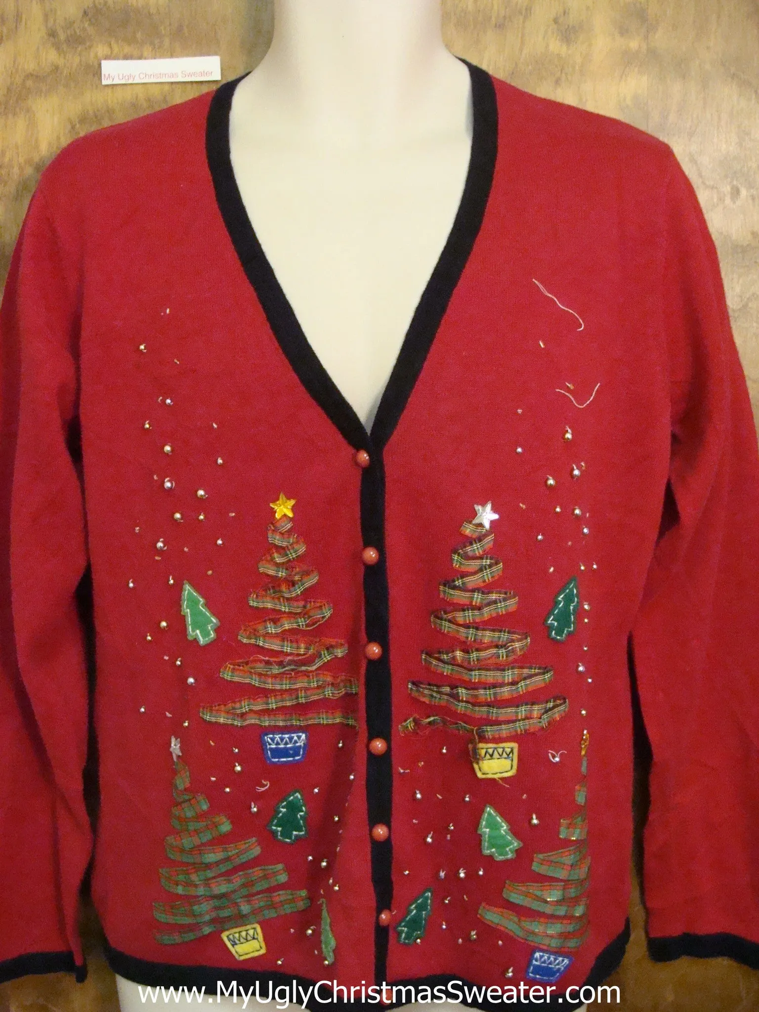 Ugliest Christmas Sweater Red Cardigan with Trees