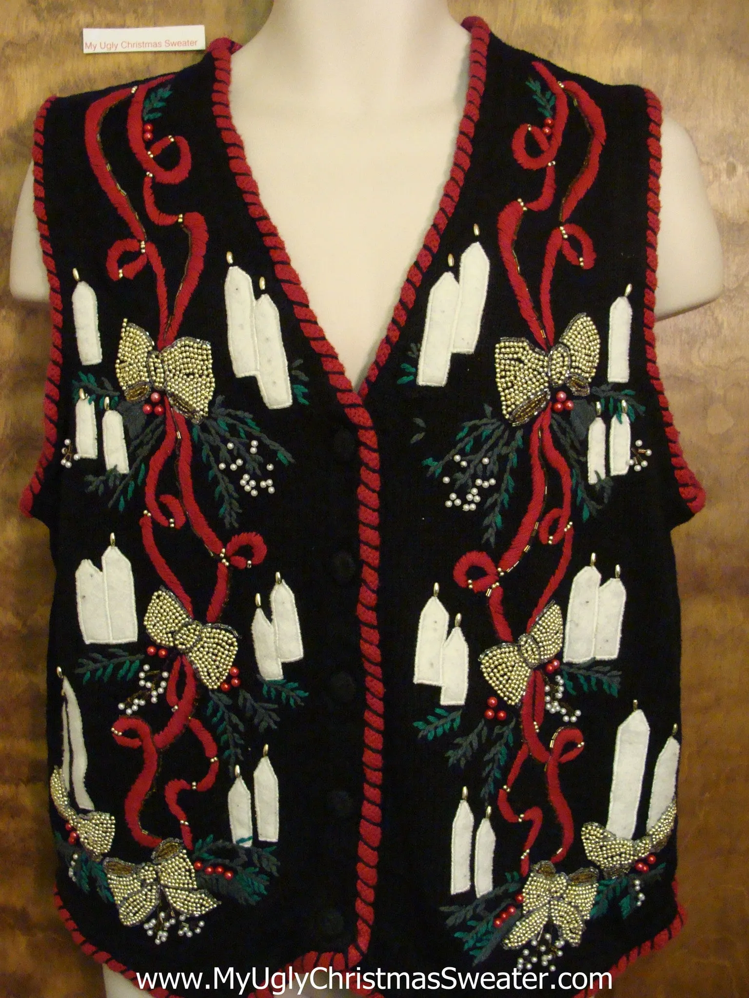 Ugliest Christmas Sweater Vest Bling Bows and Candles